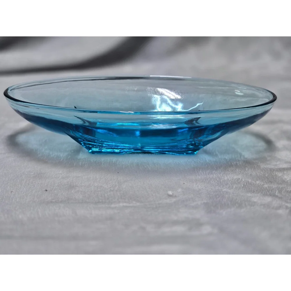 Vintage Hazel Atlas Capri Azure Blue Glass Oval Bowl MCM Colonial Footed Dish